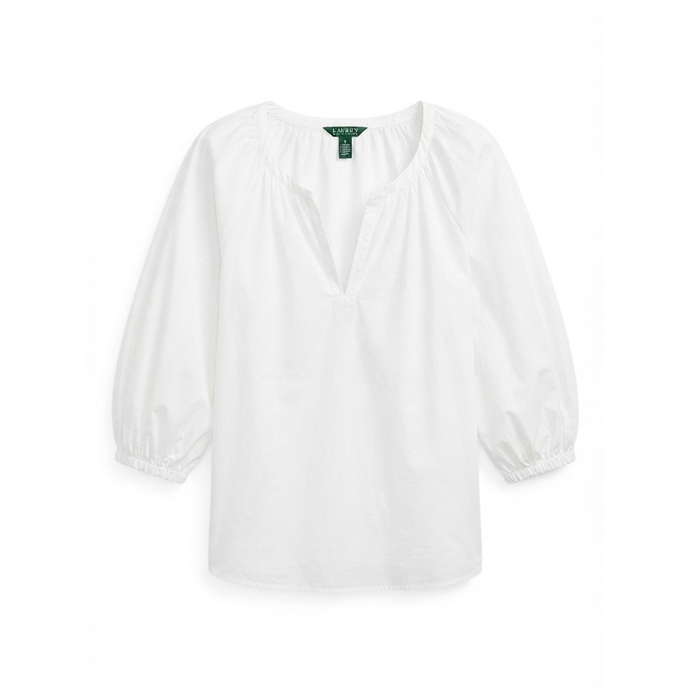 Lauren Ralph Lauren Blouse Women XL White Cotton Peasant Split Neck Puff Sleeve